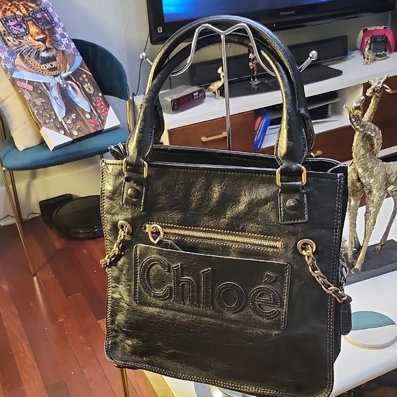 Chloe' Kidskin Leather Handbag W/Woven Side Chain Detail Black Rare Tote Luxury - Picture 1 of 17
